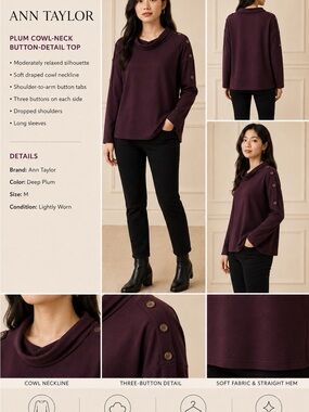 Ann Taylor Deep Plum Cowl-Neck Sweater with Shoulder Button Detail